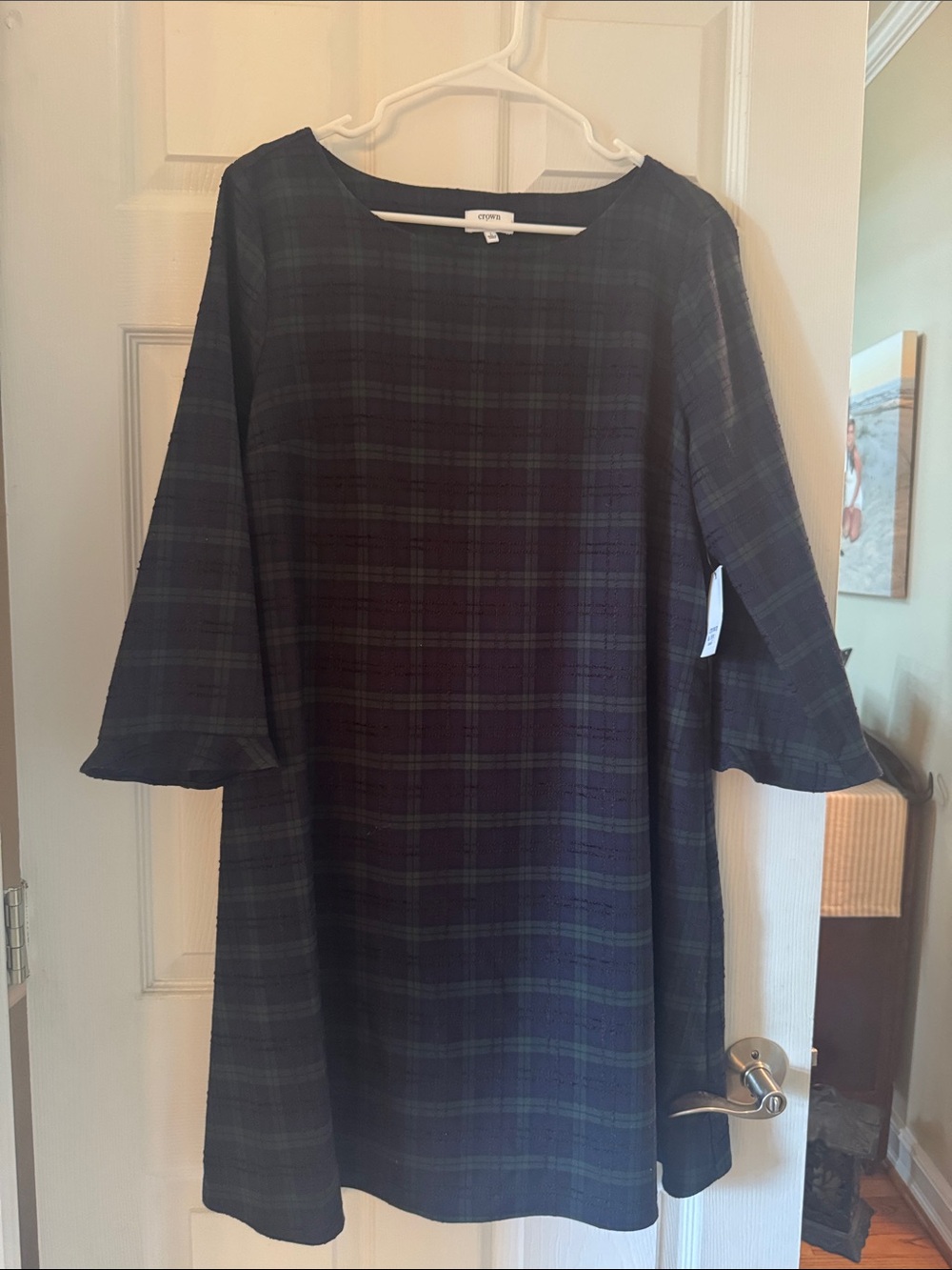 Crown and Ivy Navy and Forest Green Plaid Midi Shift Dress